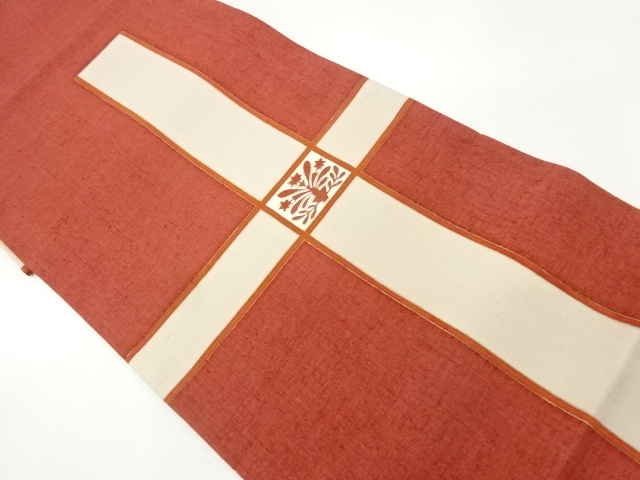 未使用品　手織り紬格子に花模様刺繍袋帯